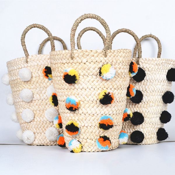 

straw bags plush ball decoration woven bag handbag fashion casual