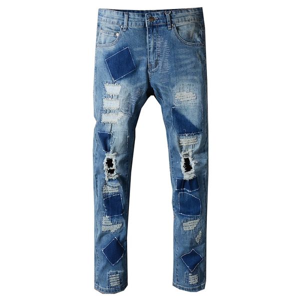 

2020 new men's holes patches design beggar ripped jeans slim straight patchwork distressed torn blue stretch denim pants