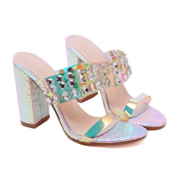 

with box luxury shinny crystal beading rhinestone sandals block heel mules women designer heel slides, Black