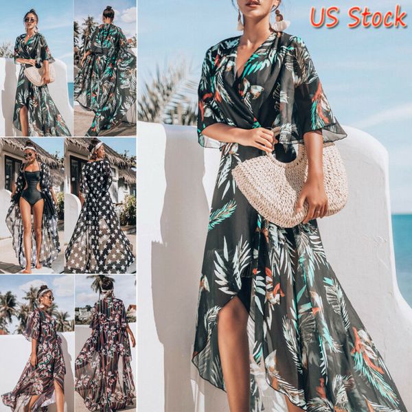 

women boho chiffon cover up 2019 fashion kimono shirt cardigan long beach cover up dress sale, Blue;gray