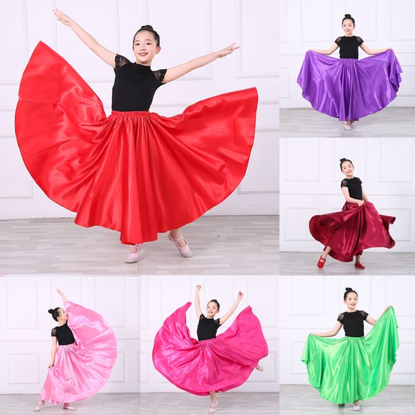 

big swing smooth satin kids girls bellydancing skirt solid stage wear performance belly dance flamenco costumes dress, Black;red