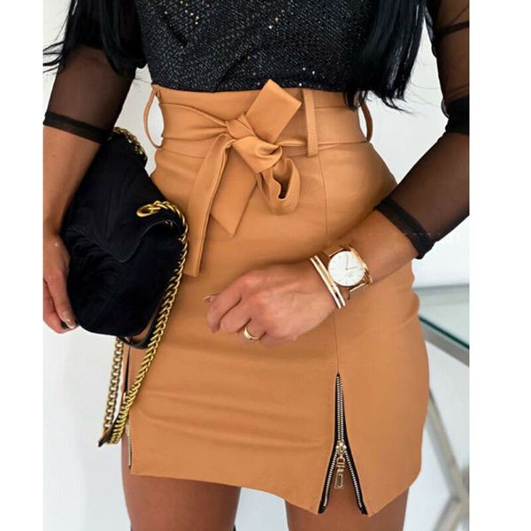 

skirts hirigin autumn fashion solid skirt women high waist zipper up pu leather preppy short mini, Black
