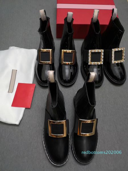 

patent leather women metal buckle ankle boots designer flat women boots black slip-on leather shoes high boots 3.5cm heels r06