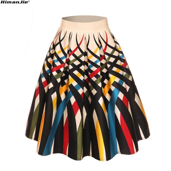 

2018 summer new 50s 60s vintage retro lady fruit ice dot lobster print high waist pleated midi skirt saia longa plissada, Black