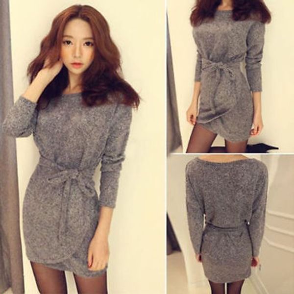 

new ladies long sleeve bodycon sweater knit jumper pullover mini dress, Black;gray