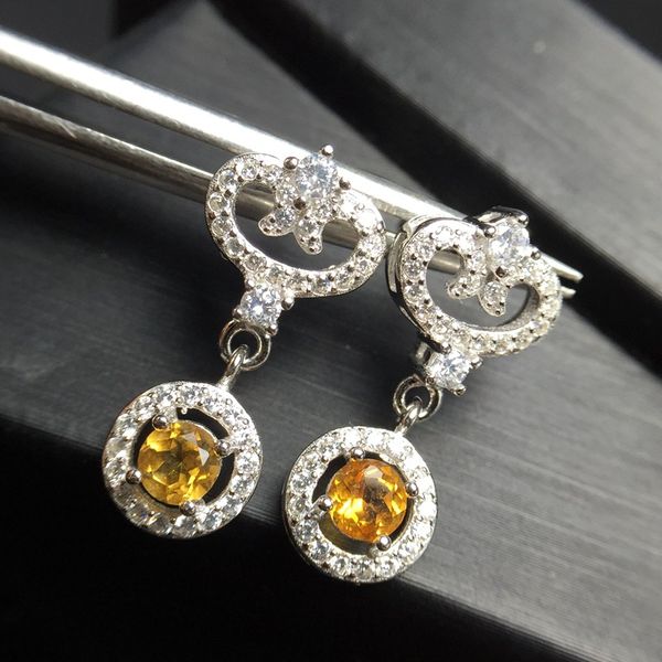 

charming new yellow citrine stud earrings silver earrings birthday party gift natural gem decoration earring round, Golden;silver