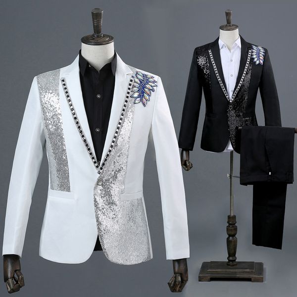 

men's stage costume set singer studio p theme p inlay colorful diamond sequins slim fit trousers two-piece set, Gray