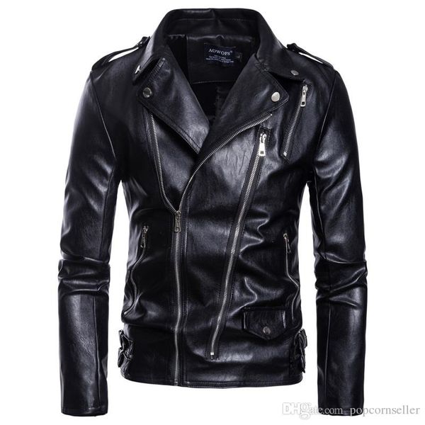 

mens designer leather jackets plus size solid color lapel neck multi zipper outwear fashion mens motorcycle jacket, Black