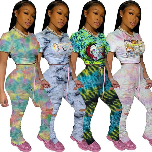 

pants slim ripped tracksuits stacked pants matching sets tie dyed short sleeve lace up two piece, White