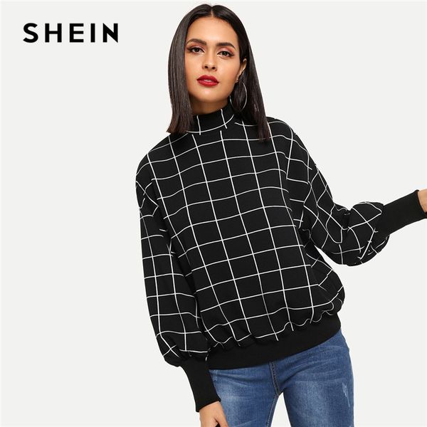 

black minimalist mock-neck grid plaid stand collar pullover sweatshirt autumn preppy campus casual women sweatshirts clothes