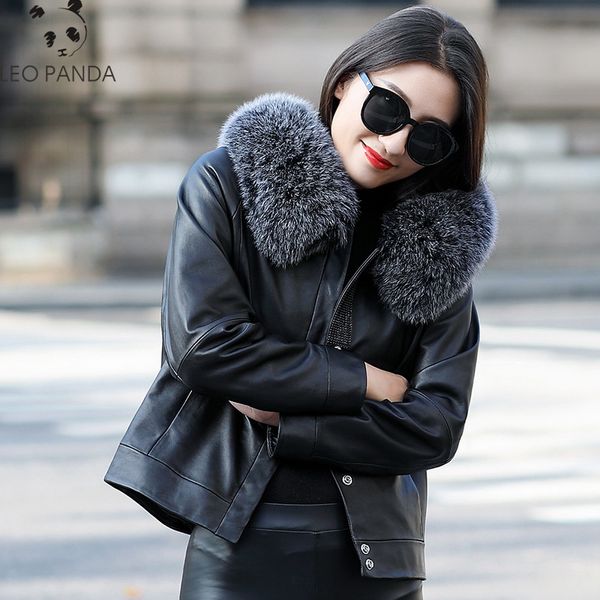 

2019 winter genuine leather jacket natural sheepskin short coats women white duck down jackets real fur collar overcoat, Black