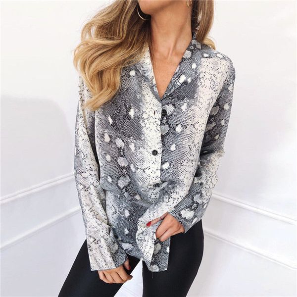 

women snake skin print long sleeve chiffon blouses shirts new female button high street shirt femme blouse vogue cloth, White