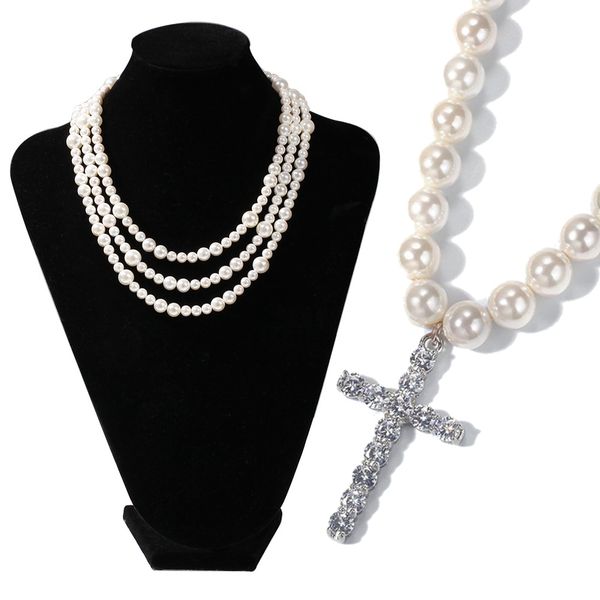 

new designer luxury white freshwater pearl beads cross pendant mens choker necklace hip hop rock punk rapper jewelry gifts for men & women, Silver
