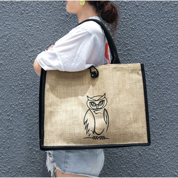 

fashion vintage jute tote women's bag shopping environment cartoon print large capacity women beach shoulder bags