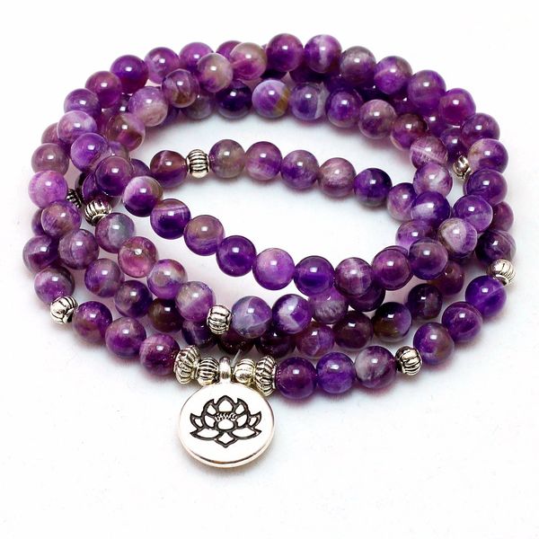 

natural purple crystal chakra 108 buddha mala bracelet or necklace yoga mala stone bracelet for women lotus jewelry, Black