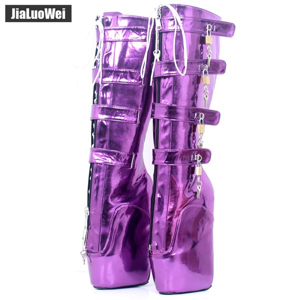 

jialuowei 18cm extreme high heel platform lace-up lockable zip padlock buckle strap fetish knee-high boots metallic purple, Black