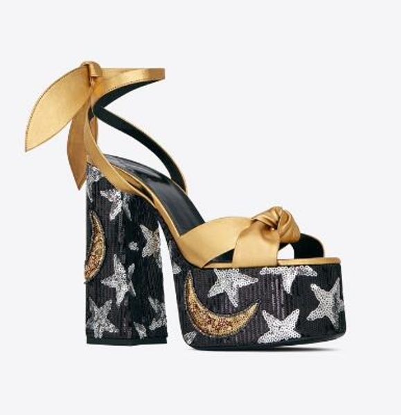 

women's leather heels, bow thick bottom high heels, leather stars sandals, size: 34-44,gold, Black