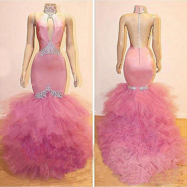 

Sexy Pink Mermaid Prom Dresses 2K19 High Neck Lace Appliques Ruched Tulle Evening Dress Sheer Back Sleeveless Cocktail Party Dress