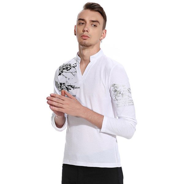 

2018 new style fashion print men's slim fit long sleeve tee shirts casual v neck t-shirt, White;black