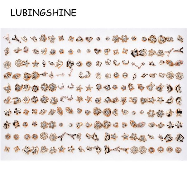 

100 pairs/lot child gold silver small stud earrings set white crystal heart star moon mix style for women girls jewelry gift, Golden
