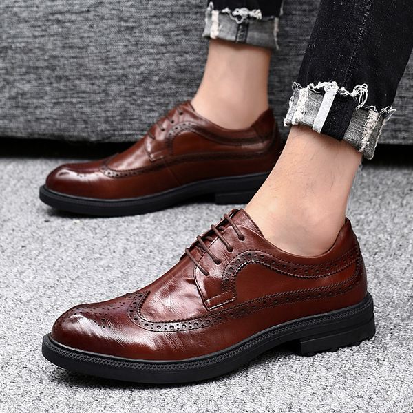 

men's brogue perforated genuine leather wing-tip flats outdoor lace up oxford dress brand office business wedding party shoes, Black