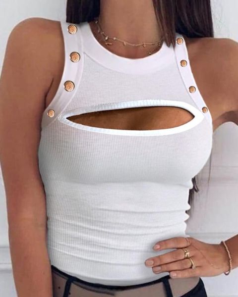 

solid cut out design round neck tank, White