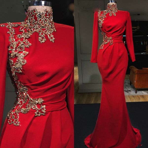 Classy Red Mermaid frisada Vestidos alta Neck mangas compridas Prom vestidos até o chão Satin Plus Size Vestido formal