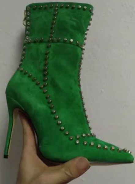 

est flock women boots thin high heel and pointed toe winter fashion rivet rear zipper women shoes high heel ankle boots, Black