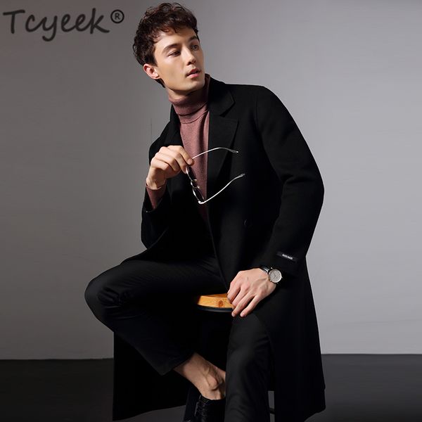 

tcyeek winter brand men's coat 100% wool coat man clothes 2019 korean streetwear long woolen jacket abrigo hombre hiver lw1390, Black