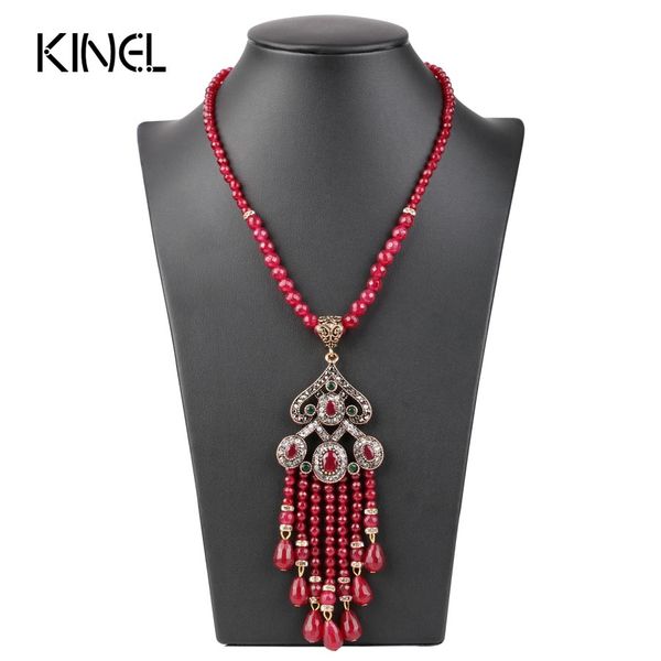 Luxo vintage longo borla pingente colar para mulheres antigas cor ouro turkish vermelho camisola de cristal indiano bijoux