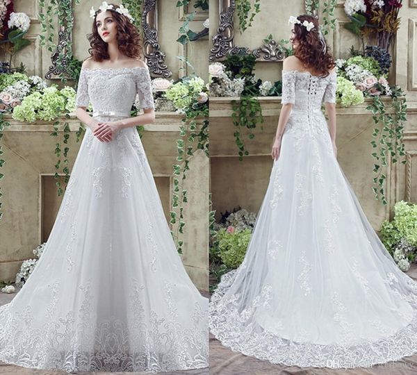 Dimensioni personalizzate abiti eleganti a mezze maniche a mezzano una linea Accentati per leni per matrimoni lunghi sposa da donna abiti da sposa hy4205