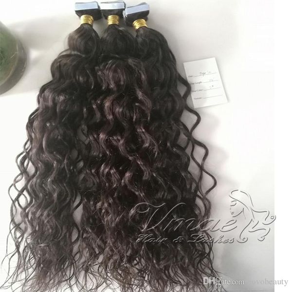 

new arrival 100g water wave tape in human hair extensions 40pcs brazilian virgin natural wave soft skin weft hair, Black