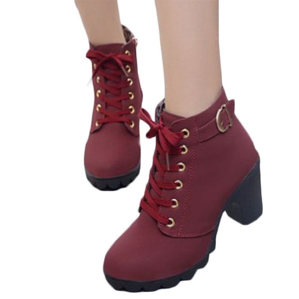 

boots women shoes woman high heel lace up ankle boots ladies buckle platform artificial leather shoes bota feminina 2019, Black