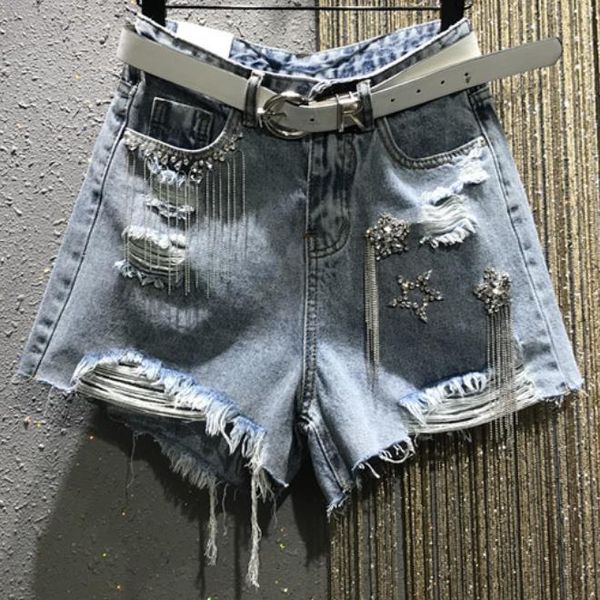 

heavy work drilling beaded tassel high waist denim shorts women 2019 summer hole wide leg jeans shorts, White;black
