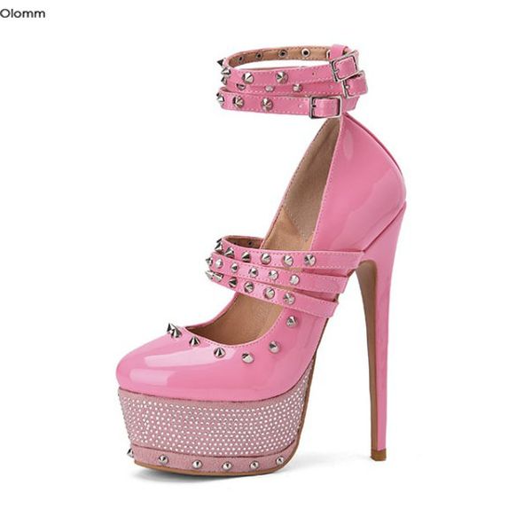 

rontic handmade women platform pumps rivets stiletto high heels pumps round toe pink party shoes women plus us size 5-15, Black