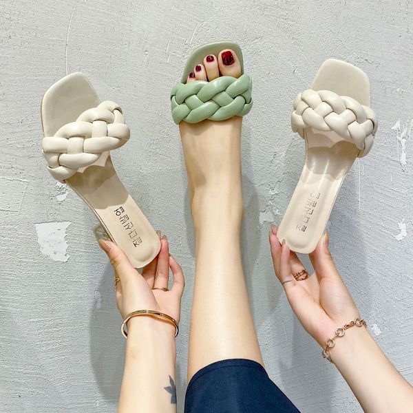 

transparent square heel slippers women sandals beige green weave high heel slippers summer clear heels sandals women 2020, Black