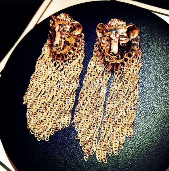 

new exaggerated personality lion head earrings female temperament fashion long chain tassel pendant earrings fast delivery, Golden