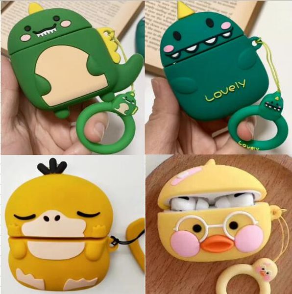 

3d earphone case for airpods pro 3 2 1 case cartoon cute silicone cat duck dinosaur cover earpods headphone strap with finger ring