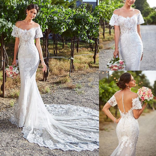 

kittychen mermaid wedding dresses short sleeve off shoulder lace sweep train bridal gowns beach boho garden sheer back vestido de novia, White