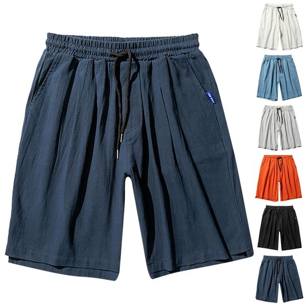 

men shorts linen casual solid color wide beach casual bermuda mens short trouser straight cargo shorts streetwear m-5xl, White;black