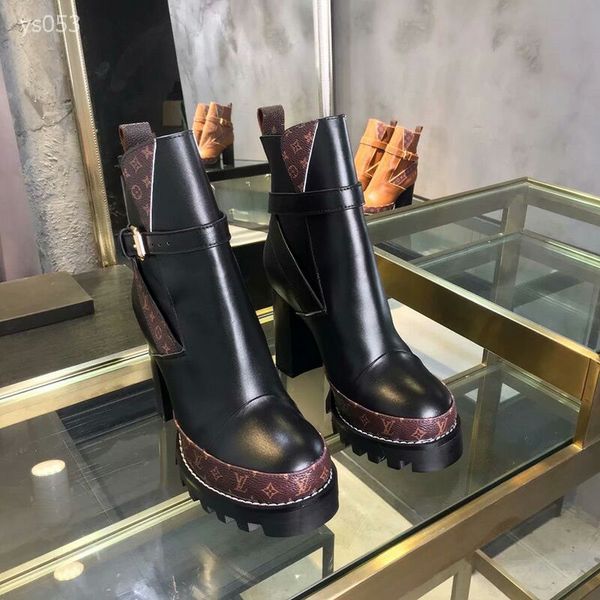

2020 europe and america autumn and winter super high-heeled platform leisure with ankle boots female comfortable round head belt buckle, Black