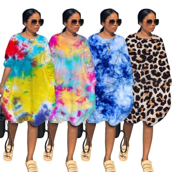 

women leopard 19ss designer dress a-line fashion casual tie dyed loose autumn fall dresses vestidoes, Black;gray