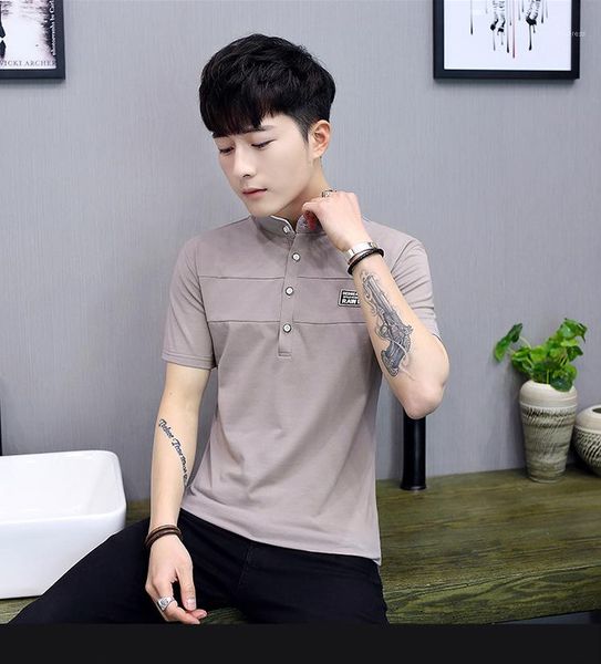 

tees casual cotton mens clothing summer mens lapel collar tshirt solid color letter printed brand, White;black