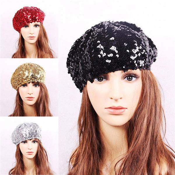 

women stretchy crochet shining sequin beret hat party club dance, Blue;gray