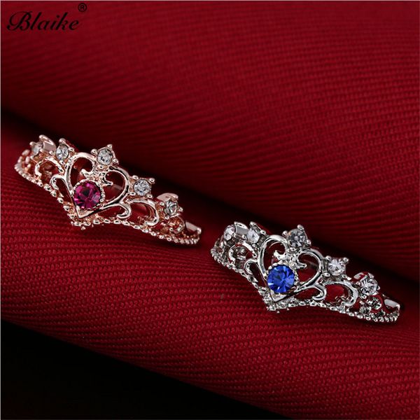 

blaike charming silver/rose gold color hollow crown rings for women exquisite inlay blue/red zircon ring wedding engagement gift, Slivery;golden