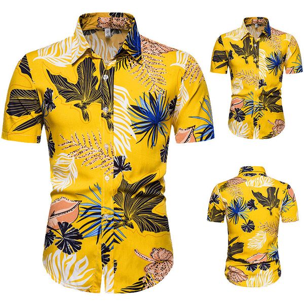 2020 Verão Camisa havaiana Amarelo Camisa Mens Folha Print Manga Curta Algodão Homens Casuais Slim Fit Camisas Chemise Homme Camisa Masculina