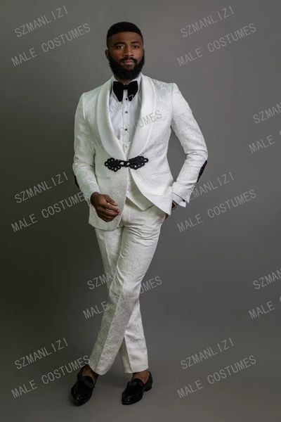 2020 Nuovo Bianco Jacquard Abito da Uomo 3 Pezzi Abito su Misura Ultimo Design Smoking da Sposa Casual Sposo Best Man Costume Giacca Sportiva