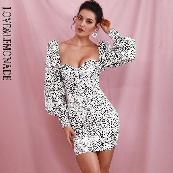 

love&lemonade bandeau bodycon white leopard bubble long sleeve party mini dress lm82243-1, Black;gray