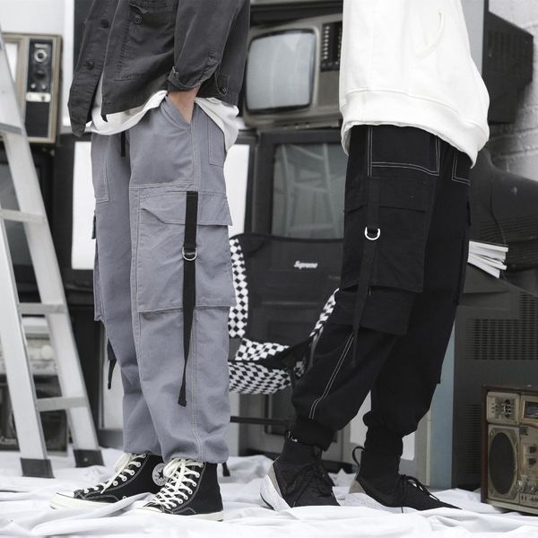 

vegorrs modern stylish men's cargo pants multy-pockets ribbon sports loose pants casual men's clothing, Black