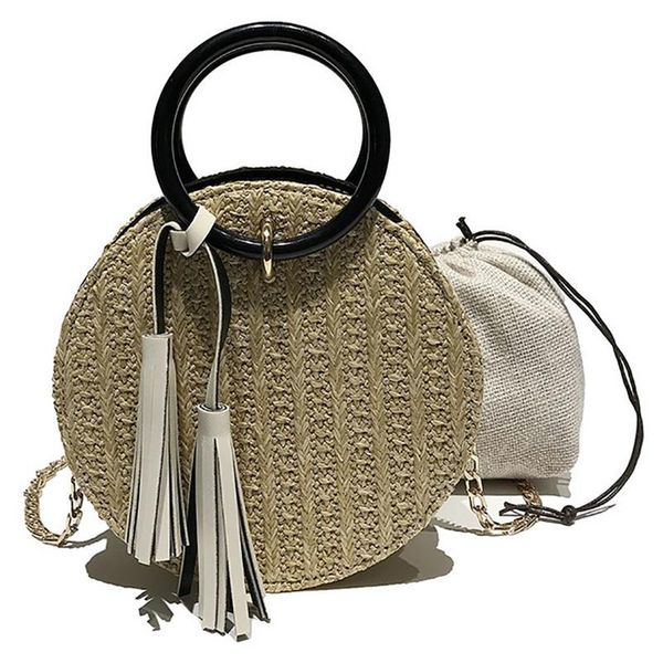 

wild casual small round bales chain shoulder bag fashion woven tassel decor satchel bag crossbody with pouch beach travel